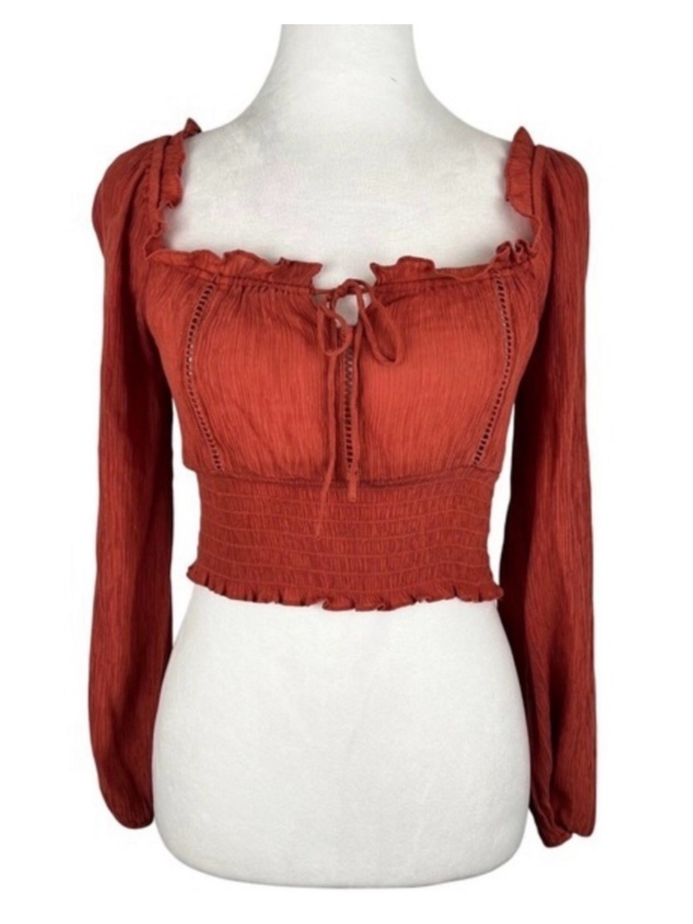 Altar’d State S Rust Peasant Crop Top Smocked Waist Ruffle Bohemian  Milkmaid